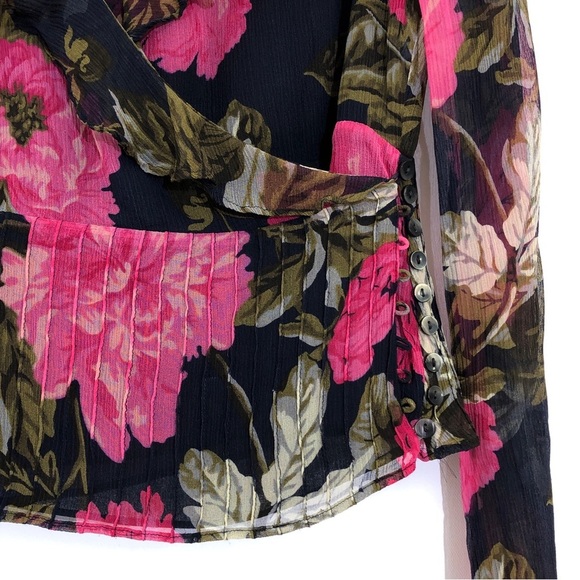 Anne Klein AK 100% Silk Black Pink Floral Long Sleeve Ruffle Button Blouse Top - Picture 4 of 8